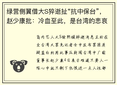 绿营侧翼借大S猝逝扯“抗中保台”，赵少康批：冷血至此，是台湾的悲哀