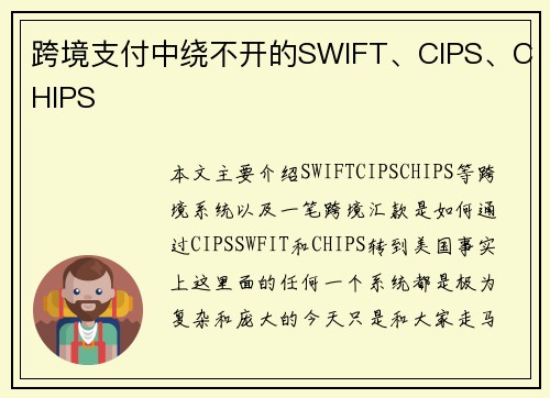 跨境支付中绕不开的SWIFT、CIPS、CHIPS