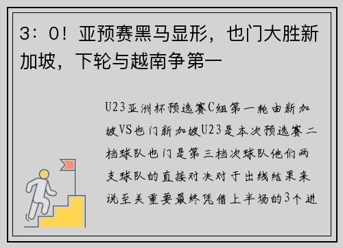 3：0！亚预赛黑马显形，也门大胜新加坡，下轮与越南争第一