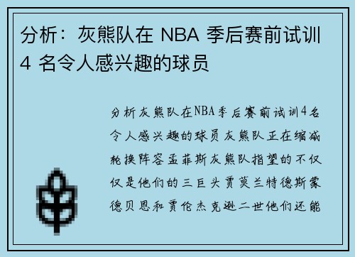 分析：灰熊队在 NBA 季后赛前试训 4 名令人感兴趣的球员