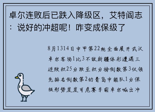 卓尔连败后已跌入降级区，艾特阎志：说好的冲超呢！咋变成保级了