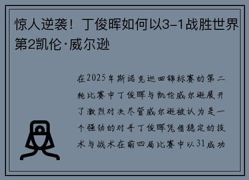 惊人逆袭！丁俊晖如何以3-1战胜世界第2凯伦·威尔逊